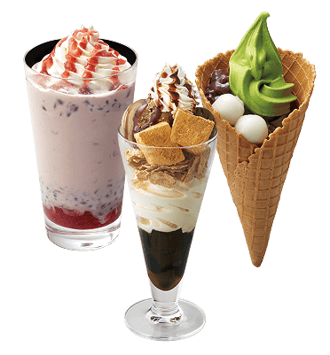 matcha soft serve, parfait and red bean frappe