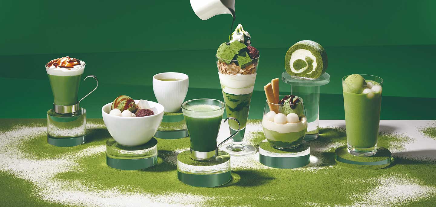spread of nana's green tea products like parfaits, frappes, teas