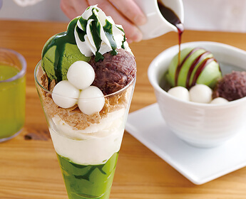 match green tea parfait with mochi